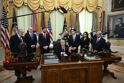 Standing from left: Ambassador to Israel Mike Huckabee, Israel Ambassador to US Yechiel Leiter, US Vice President JD Vance, US Secretary of State Marco Rubio, Lebanon Ambassador to the US Nada Moawad and US Ambassador to Lebanon Michel Issa listen as US President Donald Trump speaks at the White House on April 23, 2026. AFP