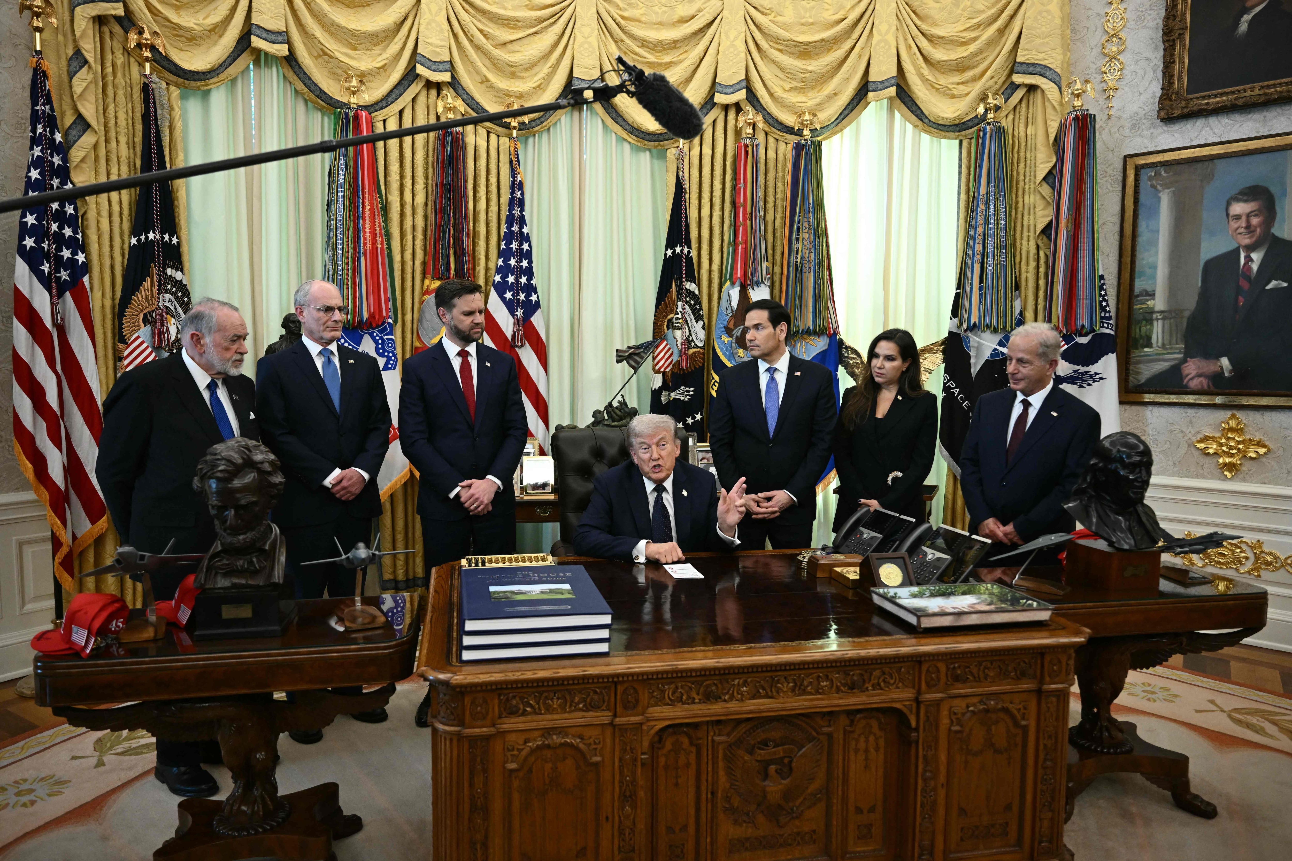 Standing from left: Ambassador to Israel Mike Huckabee, Israel Ambassador to US Yechiel Leiter, US Vice President JD Vance, US Secretary of State Marco Rubio, Lebanon Ambassador to the US Nada Moawad and US Ambassador to Lebanon Michel Issa listen as US President Donald Trump speaks at the White House on April 23, 2026. AFP