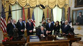 US President Donald Trump with Lebanese and Israeli officials in Washington in April. AFP