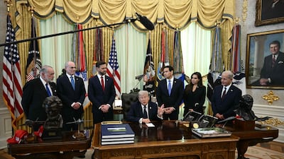 US President Trump meets the Lebanese and Israeli ambassadors to the US, alongside other senior officials at the White House on Thursday. AFP