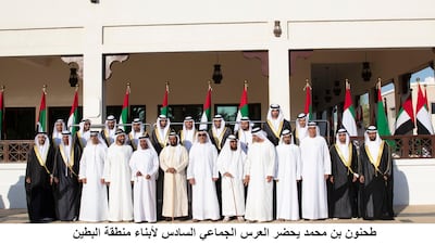 The mass wedding in Al Bateen, Abu Dhabi yesterday. Such weddings give young Emirati couples a more secure start to married life, without debt worries from the expensive rituals Wam