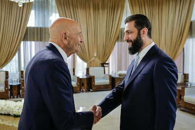 US envoy Tom Barrack with Syrian President Ahmad Al Shara in Damascus. AFP