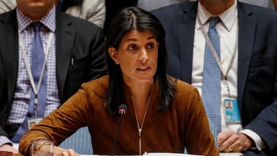 US ambassador to the UN Nikki Haley said that the US will continue its "generosity" in supporting migrants. In this picture, she speaks for a bid to renew an international inquiry into chemical weapons attacks in Syria at the UN headquarters in New York on November 17, 2017. Brendan McDermid / Reuters