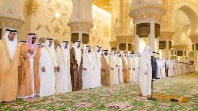 Sheikh Mohammed bin Zayed, Crown Prince of Abu Dhabi and Deputy Supreme Commander of the Armed Forces, was among the members of the Ruling family to attend Eid prayers at the Grand Mosque yesterday. Joining him were Sheikh Mansour bin Zayed, Deputy Prime Minister and Minister of Presidential Affairs; Sheikh Saif bin Zayed, Deputy Prime Minister and Minister of Interior; Sheikh Hamdan bin Zayed, Deputy Prime Minister and the Ruler's Representative in the Western Region; and Sheikh Abdullah bin Zayed, Minister of Foreign Affairs. Ryan Carter / Crown Prince Court - Abu Dhabi