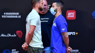 Calvin Kattar and Dan Ige face off during the UFC Fight Night weigh-in at Flash Forum in Yas Island, Abu Dhabi, on Tuesday. All images Getty / Jeff Bottari / Zuffa LLC