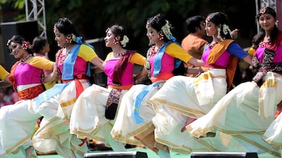 Indian students perform a dance to a Tagore song.