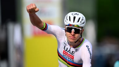 UAE Team Emirates star Tadej Pogacar celebrates winning the Stage 1 of the Tour de Romandie. EPA