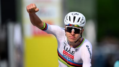 UAE Team Emirates star Tadej Pogacar celebrates winning the Stage 1 of the Tour de Romandie. EPA