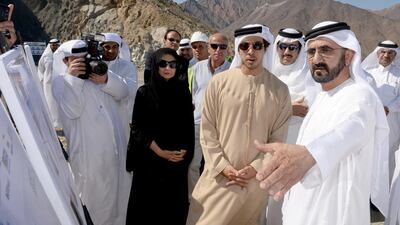 Sheikh Mohammed bin Rashid, Vice President and Ruler of Dubai, Sheikh Mansour bin Zayed, Deputy Prime Minister and Minister of Presidential Affairs and other ministers announce the housing plan yesterday. Wam