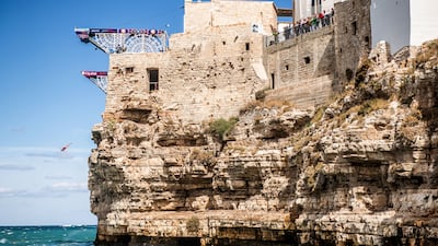 Yana Nestsiarava of Belarus competing in the Red Bull Cliff Diving World Series at Polignano a Mare, Italy on Wednesday, September 22. Getty