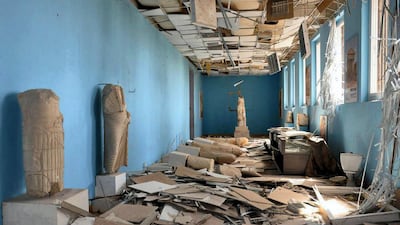 A photo released by official Syrian Arab News Agency on March 27, 2016 shows destruction in the museum in Palmyra after government troops recaptured the ancient Syrian city from Isil. The extremist group looted and sold ancient artefacts to fund its campaign. Sana and AFP