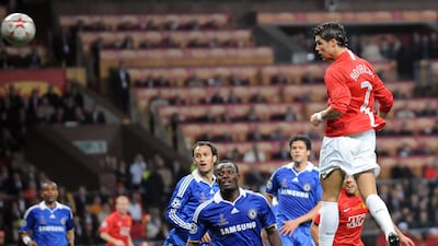 Manchester United's Cristiano Ronaldo heads home against Chelsea.