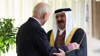 King Charles greets Bahrain's King Hamad at the castle. Reuters