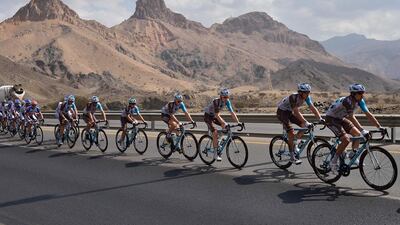 (From R-L) French riders Sebastien Minard, Damien Gaudin, Romain Bardet and Alexis Gougeard ride during the first stage of the seventh cycling Tour of Oman between the Oman Exhibition Center and al- Bustan on February 16, 2016. Luxembourg’s champion Bob Jungels of Etixx-Quick Step team won the stage. / AFP / ERIC FEFERBERG