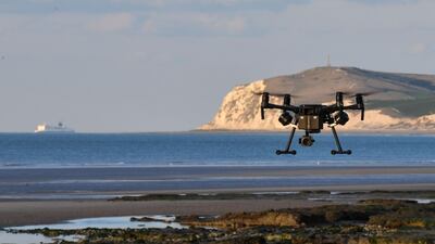 A drone used by the French border police takes off during a patrol of the beaches at Tardinghen near the northern port city of Calais. AFP