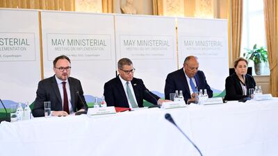Danish Climate Minister Dan Joergensen, Cop26 president Alok Shama, Cop27 president designate Sameh Shoukry and UN climate chief Patricia Espinosa, after a meeting in Copenhagen. Reuters