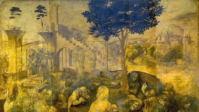 'Adoration of the Magi' (1481). The unfinished painting depicts Virgin Mary and child in the foreground with the Magi kneeling nearby in adoration. The oil-on-wood painting has been housed at the Uffizi Gallery in Florence since 1670