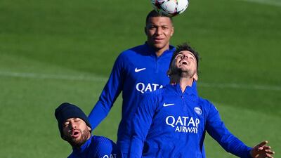 Pablo Sarabia, Neymar and Kylian Mbappe during training. AFP