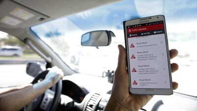 Working with i-Tins, the Darb Mobile app allows a driver to see traffic obstructions in a list on many smartphones and car navigation devices. Silvia Razgova / The National