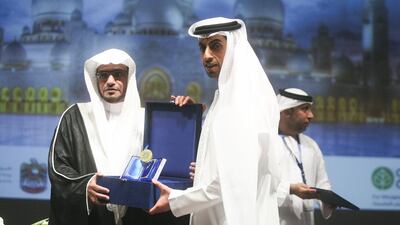 The guest of honour, Sheikh Saleh bin Awad Al Maghamzi, left, at the opening ceremony of the Holy Quran Tahbeer Award on Tuesday. Lee Hoagland / The National