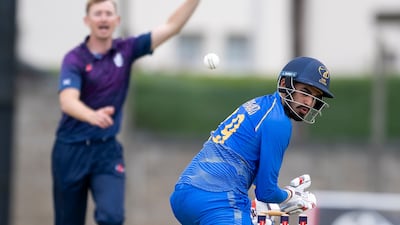 UAE, in blue, take on Scotland at Forfarshire Cricket Club in Dundee, Scotland, on August 7, 2026. All photos: Ian Jacobs/Cricket Scotland
