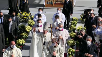 Pope Francis greets faithful at the GSP Stadium in Nicosia, Cyprus, where he is on the second day of his trip to the island.