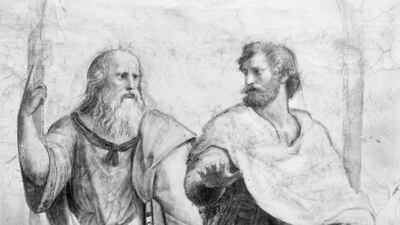 Greek philosophers Plato and Aristotle debate in Raphael’s ‘School of Athens’ frieze at the Vatican, painted about 1510. Getty