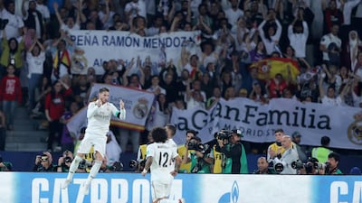 Sergio Ramos of Real Madrid celebrates his goal against Al Ain in the Club World Cup final at Zayed Sports City Stadium, Abu Dhabi. Chris Whiteoak / The National