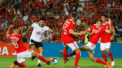 Fulham's Aleksander Mitrovic scores against Benfica at Estadio Algarve, on July 17. Reuters
