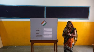 An Indian voters leaves after casting her vote at a polling station during the sixth phase of the Indian parliamentary election in Bhopal, India EPA