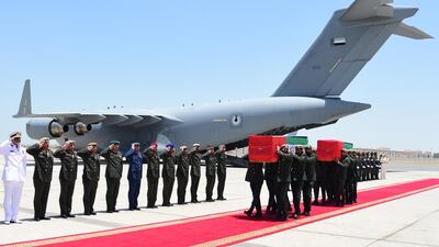 The bodies of Ahmed Al Zeyoudi and Abdullah Al Yamahi, arrive in Abu Dhabi. WAM