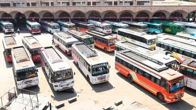 Parked buses are pictured following the Punjab state government announcement to suspend public transport services amid concerns over the spread of the Covid-19 novel coronavirus, at a bus stand in Amritsar. AFP