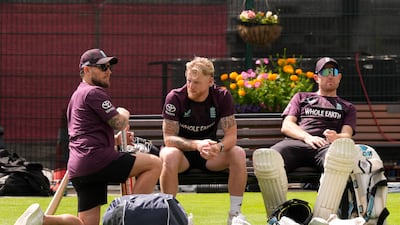 England head coach Brendon McCullum, left, captain Ben Stokes, centre, and returning spinner Liam Dawson during training at Old Trafford in Manchester. PA