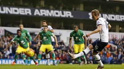 Harry Kane of Tottenham Hotspur scores the team’s first goal from the penalty spot on Saturday at White Hart Lane. Paul Childs / Action Images / Reuters