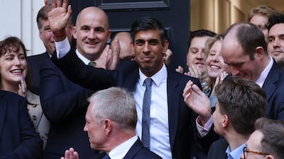 Greeted by colleagues at Conservative Party HQ after having been announced winner of the leadership contest in October 2022. Getty Images