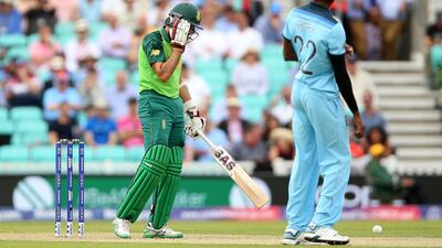 South Africa's Hashim Amla reacts after being struck in the head by a delivery from England's Jofra Archer. Nigel French / PA Wire