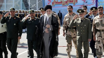 Iran’s supreme leader, Ayatollah Ali Khamenei, inspects at the Military College of Tehran on Saturday. AFP / HO / Khamenei.ir