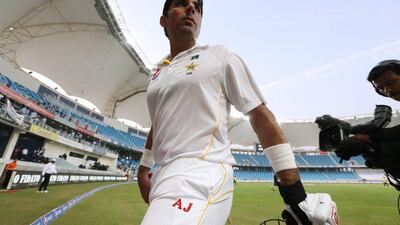 Pakistan cricketer Misbah-ul-Haq shown after reaching a century on Thursday at Dubai during Day 1 of the second Test against England. Jason O'Brien / Action Images / Reuters / October 22, 2015