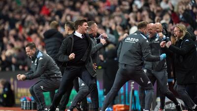 Aston Villa manager Steven Gerrard celebrates the opening goal scored Ollie Watkins against Brighton and Hove Albion at Villa Park on Saturday, November 20, 2021. PA