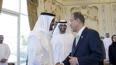 Sheikh Mohammed greets Ban Ki-Moon Secretary-General of the United Nations. Seen with E Dr Sultan Ahmed Al Jaber, UAE Minister of State, chief executive of Masdar and Chairman of the Abu Dhabi Ports Company. Ryan Carter / Crown Prince Court - Abu Dhabi