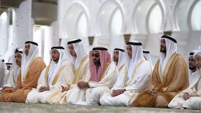 Right to left: Shaykh Abdallah bin Bayyah; Sheikh Nahyan bin Zayed, Chairman of the Board of Trustees of Zayed bin Sultan Al Nahyan Charitable and Humanitarian Foundation; Lt Gen Sheikh Saif bin Zayed , UAE Deputy Prime Minister and Minister of Interior; Sheikh Tahnoon bin Zayed, UAE National Security Advisor; Sheikh Hazza bin Zayed, Vice Chairman of the Abu Dhabi Executive Council; Sheikh Issa bin Zayed; Sheikh Hamed bin Zayed, Chairman of the Crown Prince Court of Abu Dhabi and Abu Dhabi Executive Council Member and HH Sheikh Abdullah bin Zayed, UAE Minister of Foreign Affairs and International Cooperation. Hamad Al Kaabi / Crown Prince Court - Abu Dhabi