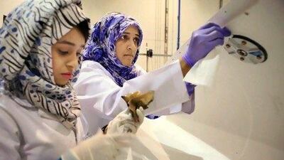 Shamsa Saeida Mazroui (left) and Metha Mohammed Ali work on airplane parts at the Strata facility in Al Ain. Ninety-nine percent of the graduating class were Emirati women.