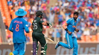 India's Hardik Pandya celebrates the wicket of Pakistan's Imam-ul-Haq. AP