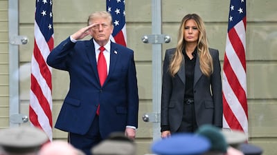Donald and Melania Trump listen to the national anthem during the commemoration at the Pentagon in Washington DC. AFP
