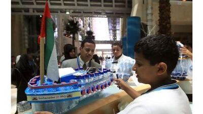 Ahmad al Jaberi, a 7th grade pupil at Glenelg School of Abu Dhabi, designed a working motor boat made from plastic bottles. Ravindranath K / The National