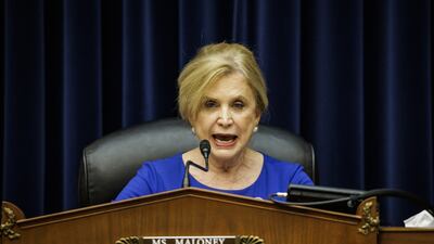 Representative Carolyn Maloney, chair of the House oversight and reform committee, speaks during the hearing into how the NFL has handled allegations of workplace misconduct by the Washington Commanders football team. Bloomberg