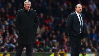Manchester United manager Sir Alex Ferguson and Chelsea manager Rafael Benitez on the touchline.