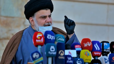 Influential Iraqi Shiite cleric Moqtada Al Sadr speaks during a press conference in Najaf on February 10, 2021. AP