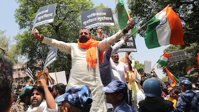 Members of the Anti-Terror Action Forum hold a protest near the Pakistan High Commission in New Delhi, India. EPA