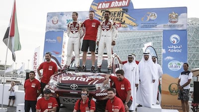 Qatar’s Nasser Al Attiyah (right) cruised to his second cars victory in the Abu Dhabi Desert Challenge as Australian Toby Price produced a great ride on the final leg to claim the bikes title on his first attempt. Courtesy Abu Dhabi Desert Challenge